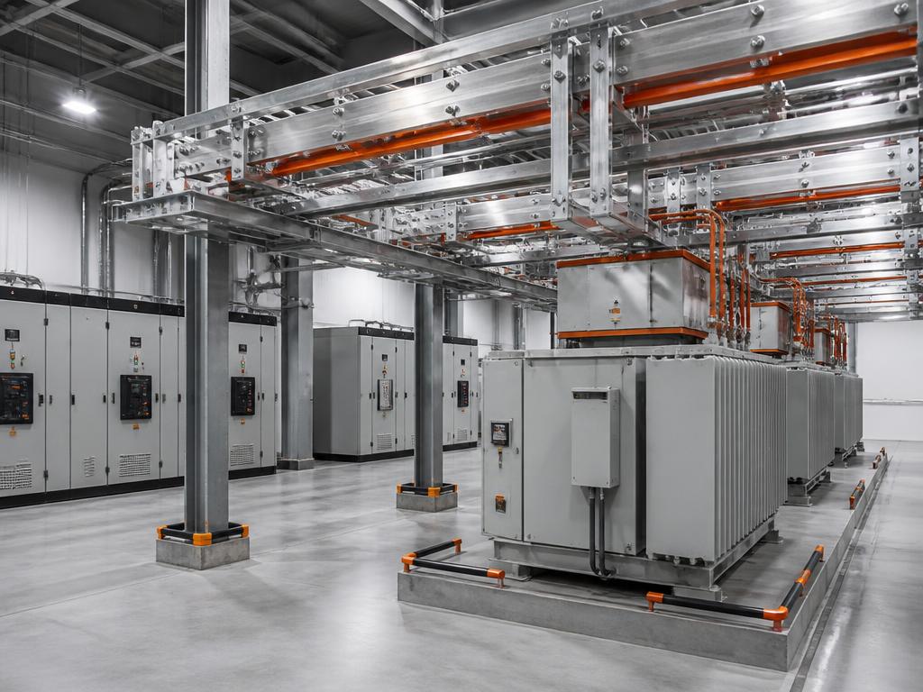 Instalação elétrica industrial com painéis e transformadores