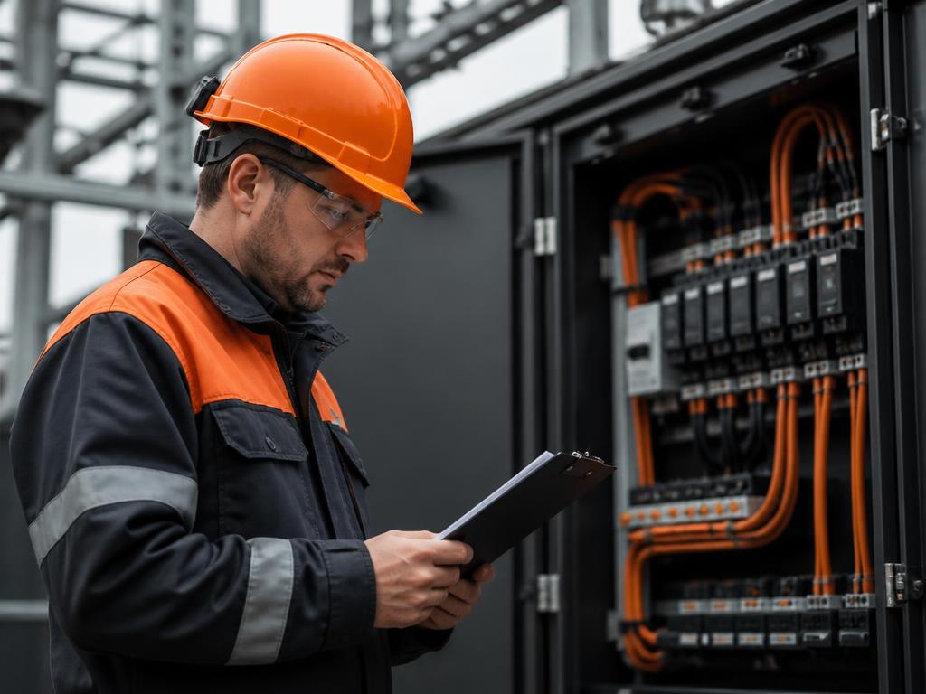 Engenheiro eletricista inspecionando painel elétrico industrial em campo